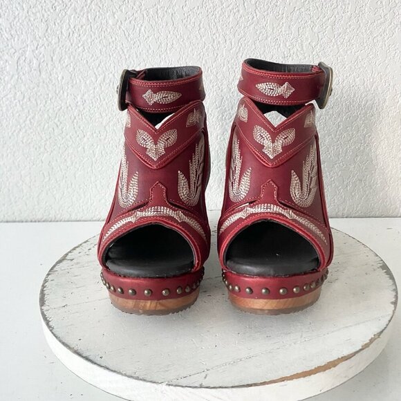 Lane Boots LEXINGTON Womens Red Wedges 7.5 Western Sandals Cowgirl Wooden Heels - Picture 5 of 11